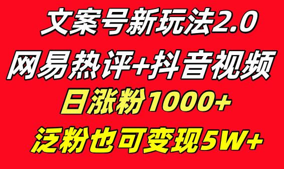 文案号新玩法 网易热评+抖音文案 一天涨粉1000+ 多种变现模式 泛粉也可变现|52搬砖-我爱搬砖网