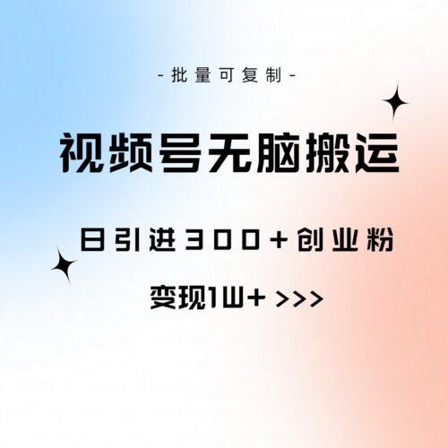 视频号无脑搬运日引300+创业粉,变现1W+可批量复制|52搬砖-我爱搬砖网