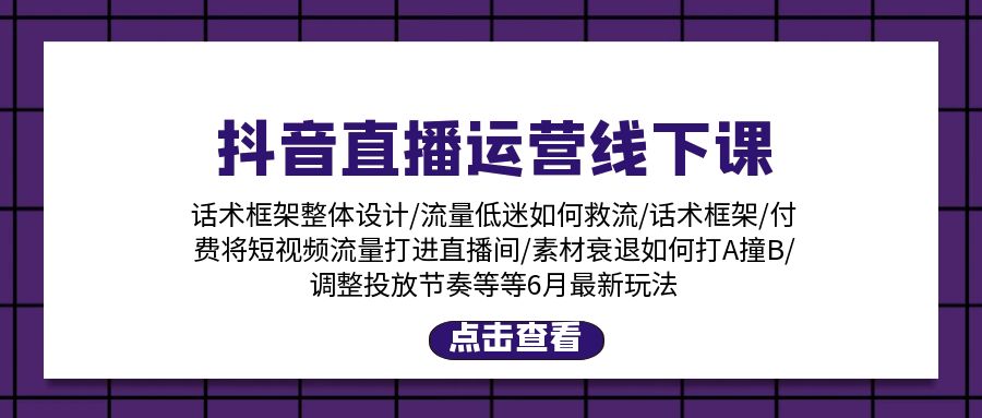 抖音直播运营线下课：话术框架/付费流量直播间/素材A撞B/等6月新玩法|52搬砖-我爱搬砖网