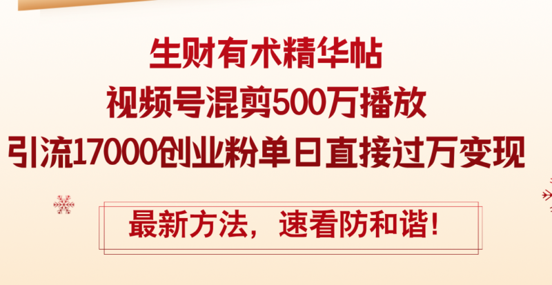 精华帖视频号混剪500万播放引流17000创业粉,单日直接过万变现,最新方…|52搬砖-我爱搬砖网