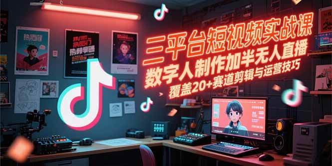 三平台短视频实战课，数字人制作加半无人直播，覆盖20+赛道剪辑与运营技巧|52搬砖-我爱搬砖网