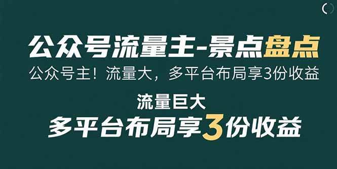 公众号流量主-景点盘点 流量巨大 多平台布局享3份收益|52搬砖-我爱搬砖网