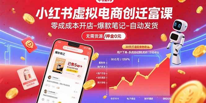 小红书虚拟电商创富课：零成本开店/爆款笔记/自动发货,30天打造被动收入|52搬砖-我爱搬砖网