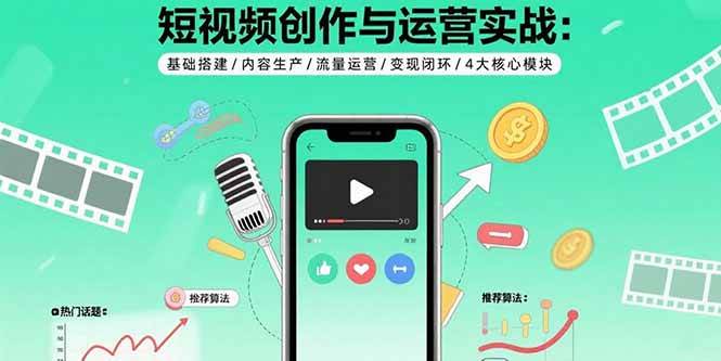 短视频创作与运营实战：基础搭建/内容生产/流量运营/变现闭环/4大核心模块|52搬砖-我爱搬砖网