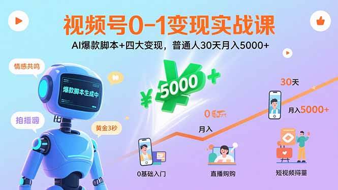 视频号0-1变现实战课：AI爆款脚本+四大变现，普通人30天月入5000+|52搬砖-我爱搬砖网