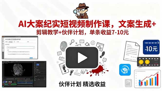 AI大案纪实短视频制作课，文案生成+剪辑教学+伙伴计划，单条收益7-10元|52搬砖-我爱搬砖网