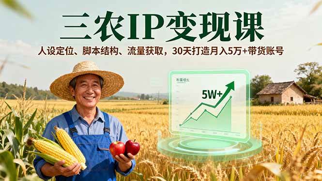三农IP变现课，人设定位、脚本结构、流量获取，30天打造月入5万+带货账号|52搬砖-我爱搬砖网