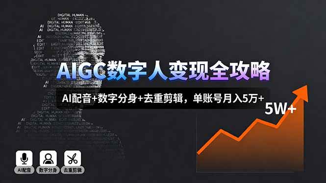 AIGC数字人变现全攻略，AI配音+数字分身+去重剪辑，单账号月入5万+|52搬砖-我爱搬砖网