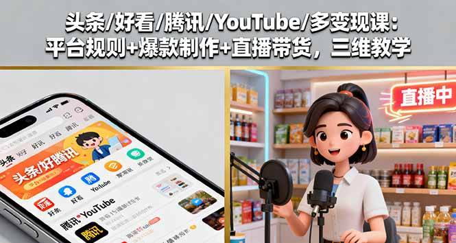 头条/好看/腾讯/YouTube/多变现课：平台规则+爆款制作+直播带货，三维教学|52搬砖-我爱搬砖网