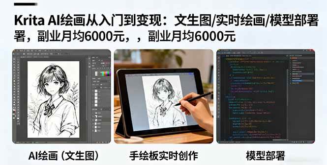 Krita AI绘画从入门到变现：文生图/实时绘画/模型部署，副业月均6000元|52搬砖-我爱搬砖网