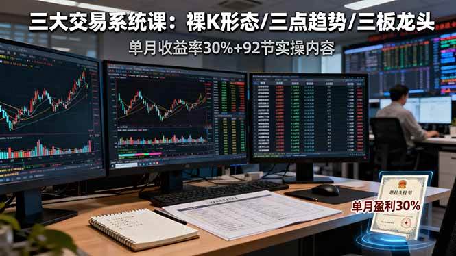 三大交易系统课：裸K形态/三点趋势/三板体系，单月收益率30%+92节实操内容|52搬砖-我爱搬砖网