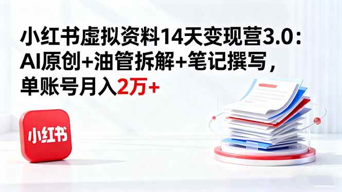 小红书虚拟资料14天变现营3.0：AI原创+油管拆解+笔记撰写，单账号月入2万+|52搬砖-我爱搬砖网