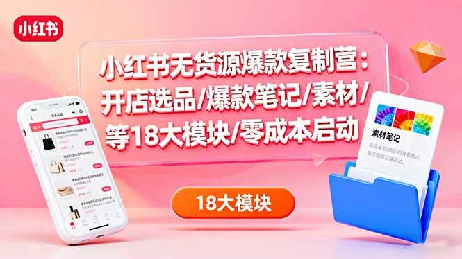 小红书无货源爆款复制营：开店选品/爆款笔记/素材/等18大模块/零成本启动|52搬砖-我爱搬砖网
