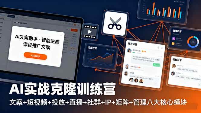 AI实战克隆训练营：文案+短视频+投放+直播+社群+IP+矩阵+管理八大核心模块|52搬砖-我爱搬砖网