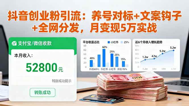 抖音创业粉引流：养号对标+文案钩子+全网分发，月变现5万实战|52搬砖-我爱搬砖网