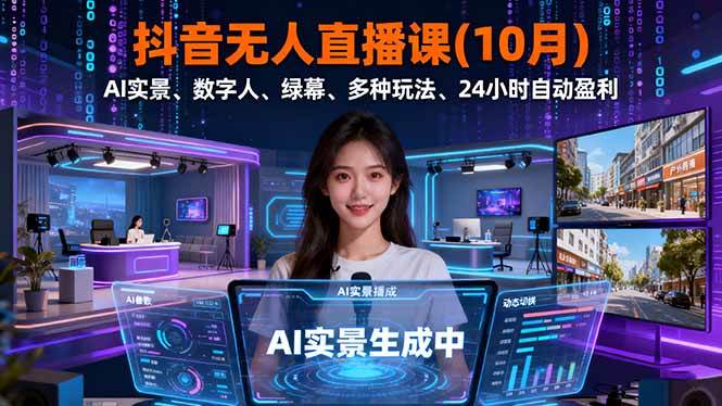 抖音无人直播课(10月),AI实景、数字人、绿幕、多种玩法、24小时自动盈利|52搬砖-我爱搬砖网