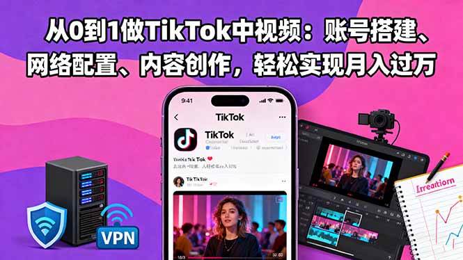 从0到1做TikTok中视频:账号搭建、网络配置、内容创作,轻松实现月入过万|52搬砖-我爱搬砖网