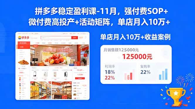 拼多多稳定盈利课-11月,强付费SOP+微付费高投产+活动矩阵,单店月入10万+|52搬砖-我爱搬砖网