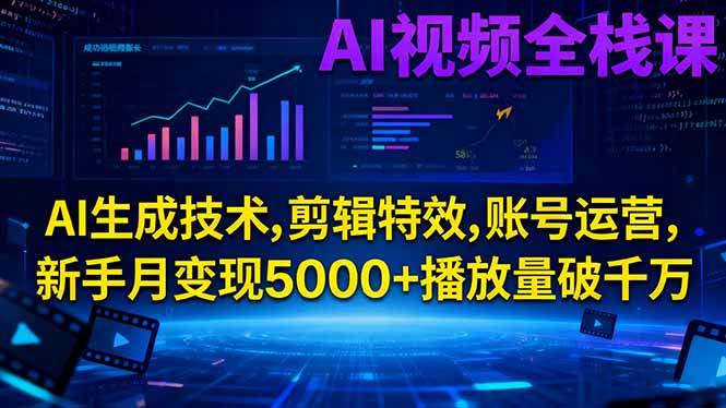 AI视频全栈课:AI生成技术,剪辑特效,账号运营,新手月变现5000+播放量破千万|52搬砖-我爱搬砖网