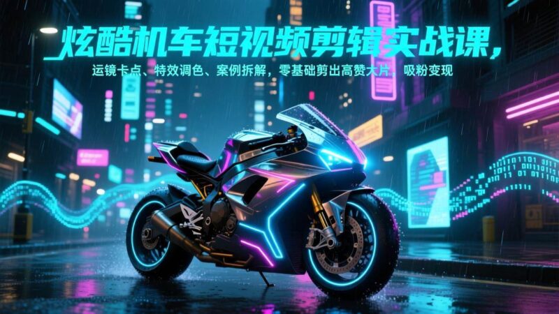 炫酷机车短视频剪辑实战课，运镜卡点、特效调色、案例拆解，零基础剪出高赞大片，吸粉变现|52搬砖-我爱搬砖网