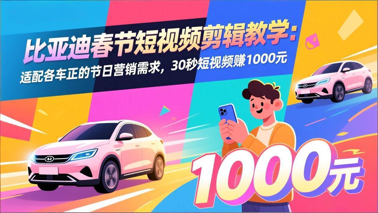 比亚迪春节短视频剪辑教学：适配各车企的节日营销需求，30秒短视频赚1000元|52搬砖-我爱搬砖网