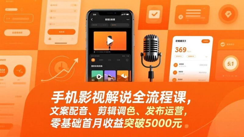 手机影视解说全流程课，文案配音、剪辑调色、发布运营，零基础首月收益突破5000元|52搬砖-我爱搬砖网