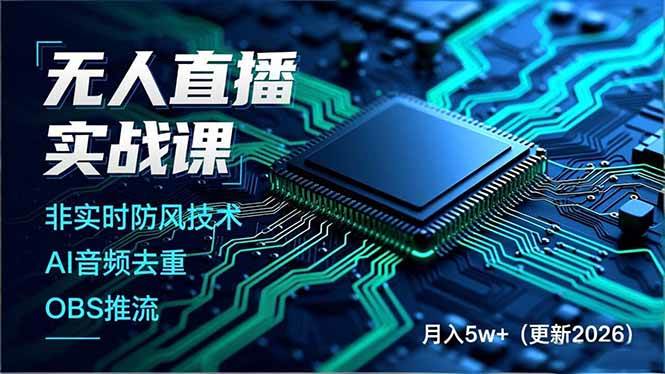 无人直播实战课，非实时防风技术、AI音频去重、OBS推流，建立技术壁垒，月入5w+|52搬砖-我爱搬砖网