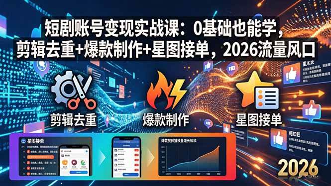 短剧账号变现实战课：0基础也能学，剪辑去重+爆款制作+星图接单，2026流量风口|52搬砖-我爱搬砖网