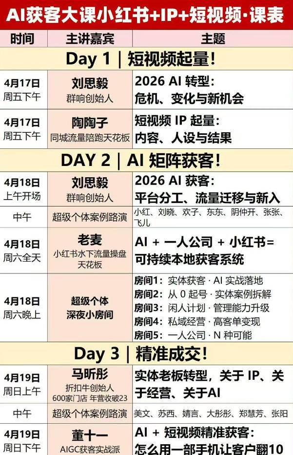 图片[2]|2026AI获客大课深圳站：4月17日-19日3天2夜拆透小红书+IP+短视频，老板操盘手必来|52搬砖-我爱搬砖网