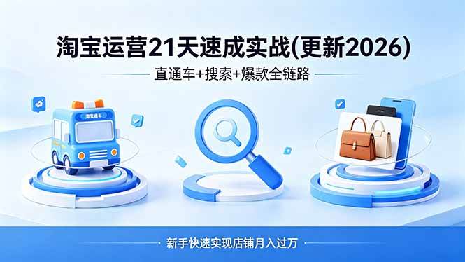 淘宝运营21天速成实战(更新4月)，直通车+搜索+爆款全链路，新手快速实现店铺月入过万|52搬砖-我爱搬砖网