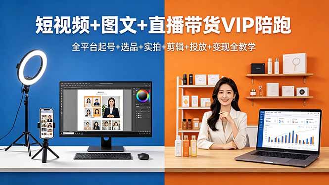 短视频+图文+直播带货VIP陪跑，全平台起号+选品+实拍+剪辑+投放+变现全教学|52搬砖-我爱搬砖网