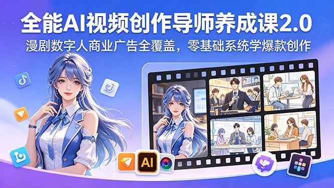 全能AI视频创作导师养成课2.0，漫剧数字人商业广告全覆盖，零基础系统学爆款创作|52搬砖-我爱搬砖网
