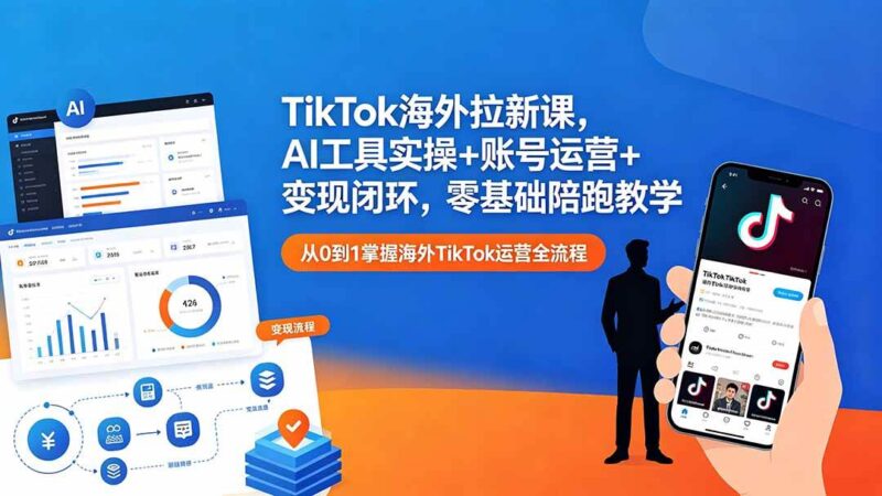 TikTok海外拉新课，AI工具实操+账号运营+变现闭环，零基础陪跑教学|52搬砖-我爱搬砖网