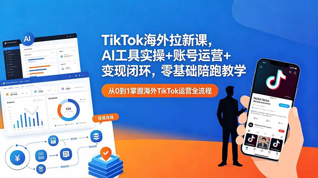 TikTok海外拉新课，AI工具实操+账号运营+变现闭环，零基础陪跑教学|52搬砖-我爱搬砖网