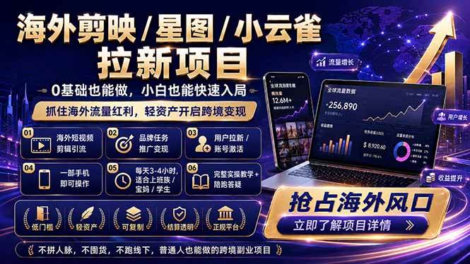 海外剪映 / 星图 / 小云雀拉新项目 普通人也能上手的跨境流量变现副业|52搬砖-我爱搬砖网