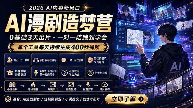 AI漫剧造梦营：0基础3天出片，单个工具每天持续生成400秒视频|52搬砖-我爱搬砖网