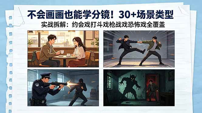 不会画画也能学分镜！30+场景类型实战拆解：约会戏打斗戏枪战戏恐怖戏全覆盖|52搬砖-我爱搬砖网