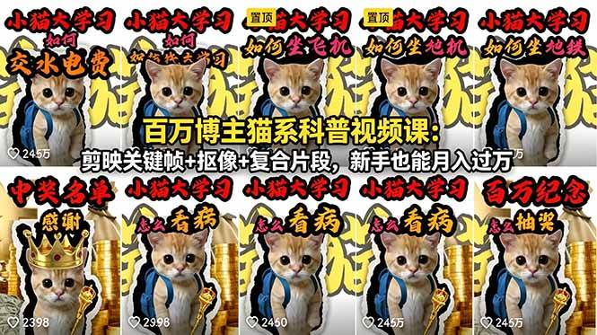 百万博主猫系科普视频课：剪映关键帧+抠像+复合片段，新手也能月入过万|52搬砖-我爱搬砖网