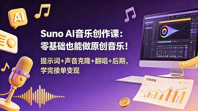 Suno AI音乐创作课：零基础也能做原创音乐！提示词+声音克隆+翻唱+后期，学完接单变现|52搬砖-我爱搬砖网
