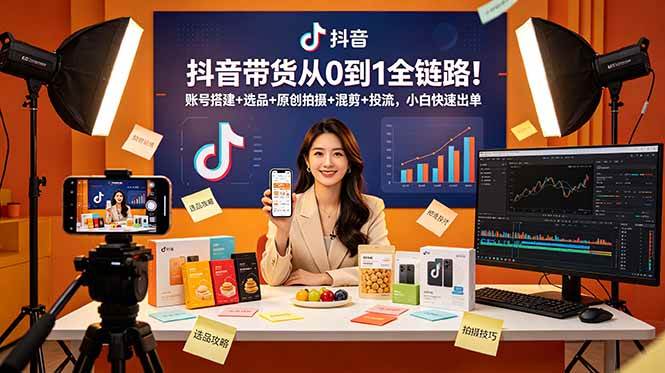 抖音带货从0到1全链路！账号搭建+选品+原创拍摄+混剪+投流，小白快速出单|52搬砖-我爱搬砖网