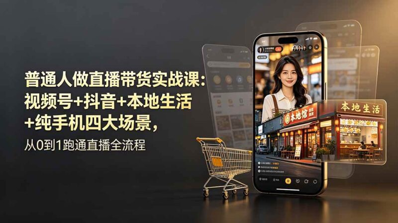 普通人做直播带货实战课：视频号+抖音+本地生活+纯手机四大场景，从0到1跑通直播全流程|52搬砖-我爱搬砖网