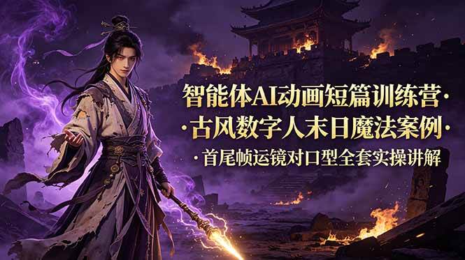 智能体AI动画短篇训练营-更新，古风数字人末日魔法案例，首尾帧运镜对口型全套实操讲解|52搬砖-我爱搬砖网