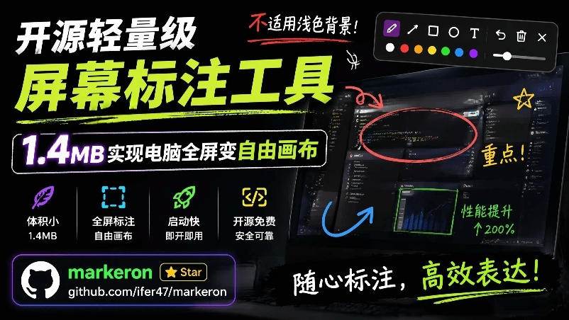 图片[1]|开源轻量级屏幕标注工具，1.4MB实现电脑全屏变自由画布！支持8种标注工具和全键盘操控MarkerOn|52搬砖-我爱搬砖网