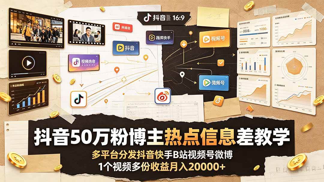 图片[1]|抖音50万粉博主热点信息差教学：多平台分发抖音快手B站视频号微博，1个视频多份收益月入20000+|52搬砖-我爱搬砖网