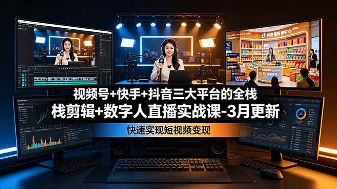 视频号+快手+抖音三大平台的全栈剪辑+数字人直播实战课-3月更新：快速实现短视频变现|52搬砖-我爱搬砖网