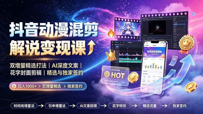 抖音动漫混剪解说变现课：双增量精选打法｜AI深度文案｜花字封面剪辑｜ 精选与独家签约日入1000+|52搬砖-我爱搬砖网