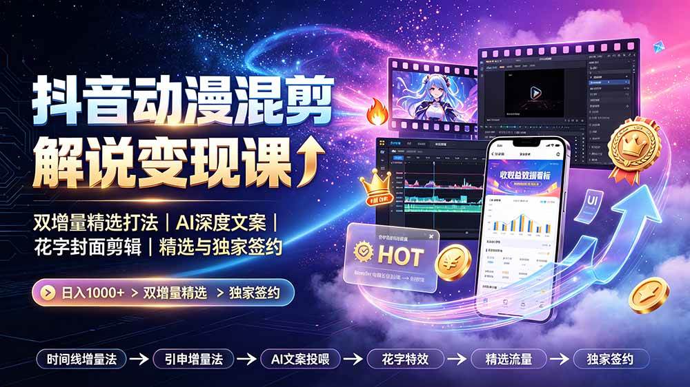 图片[1]|抖音动漫混剪解说变现课：双增量精选打法｜AI深度文案｜花字封面剪辑｜ 精选与独家签约日入1000+|52搬砖-我爱搬砖网