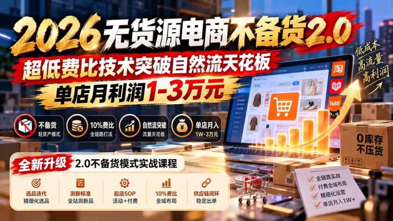 2026无货源电商不备货2.0【更新1010】：超低费比技术突破自然流天花板，单店月利润1-3万元|52搬砖-我爱搬砖网
