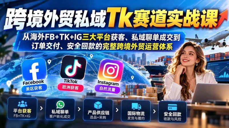 跨境外贸私域Tk赛道实战课：从海外FB+TK+IG三大平台获客、私域聊单成交到订单交付、安全回款的完整跨境外贸运营体系|52搬砖-我爱搬砖网