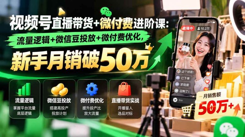 视频号直播带货+微付费进阶课-更新1010：流量逻辑+微信豆投放+微付费优化，新手月销破50万|52搬砖-我爱搬砖网